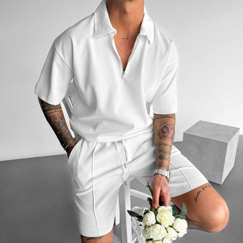 Zipper Polo and Casual Short Sleeve Men's Set