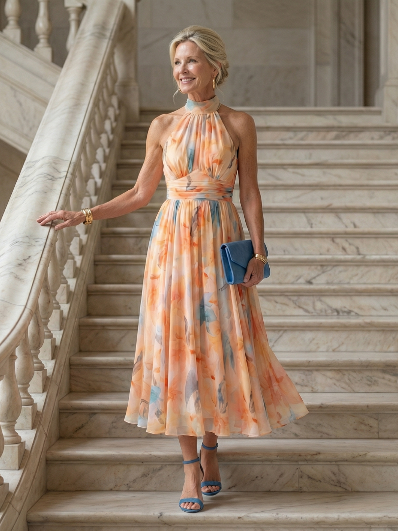 Elin | Halter Neck Soft Flowing Pleated Midi Dress