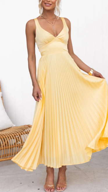 Yellow Pleated V-Neck Maxi Dress