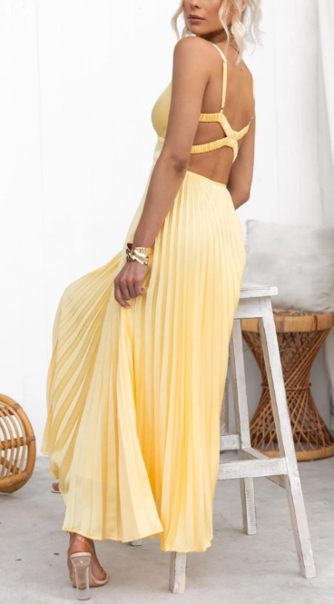 Yellow Pleated V-Neck Maxi Dress