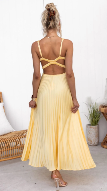 Yellow Pleated V-Neck Maxi Dress