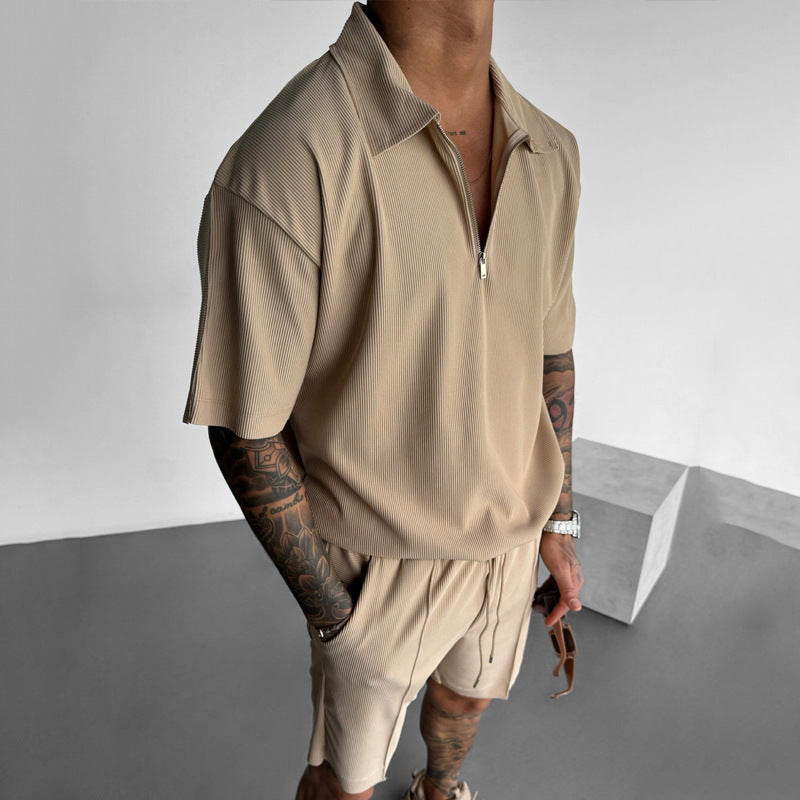 Zipper Polo and Casual Short Sleeve Men's Set