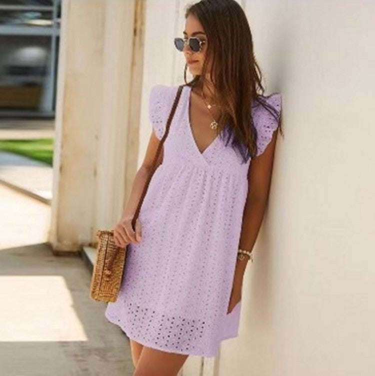 V-neck cotton Short skirt Solid color summer dress