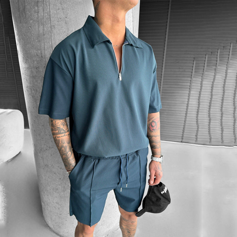 Zipper Polo and Casual Short Sleeve Men's Set