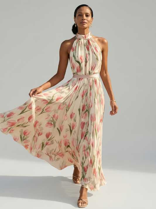 Aurelle | Halter Neck Floral Midi Dress