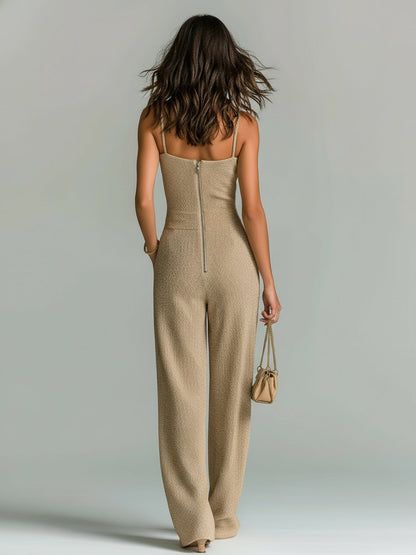 ElevenOra Chic Casual Camel Strappy Sleeveless Tailored Waist Wide Leg Ribbed Knit Jumpsuit