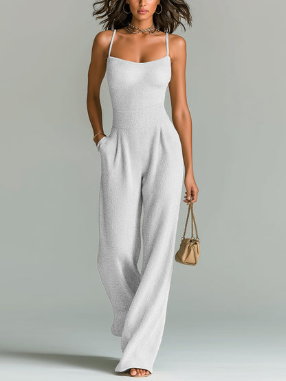 ElevenOra Chic Casual Camel Strappy Sleeveless Tailored Waist Wide Leg Ribbed Knit Jumpsuit