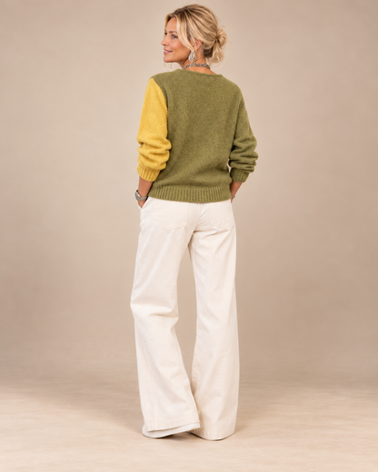 Olwen | Asymmetric Colour-Block Button Knit Cardigan