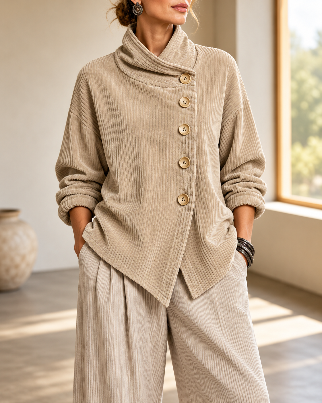 Wearbella | Funnel Collar Asymmetric Button Corduroy Top