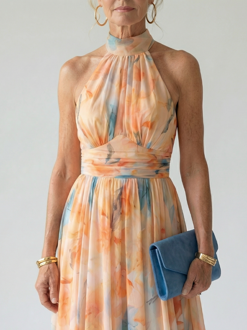 Elin | Halter Neck Soft Flowing Pleated Midi Dress