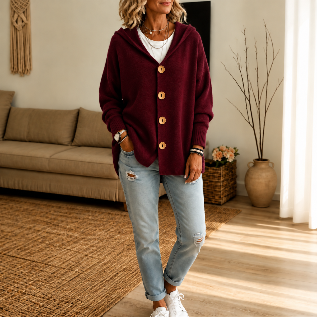 Wearbella – Hooded Waffle-Knit Button-Front Cardigan