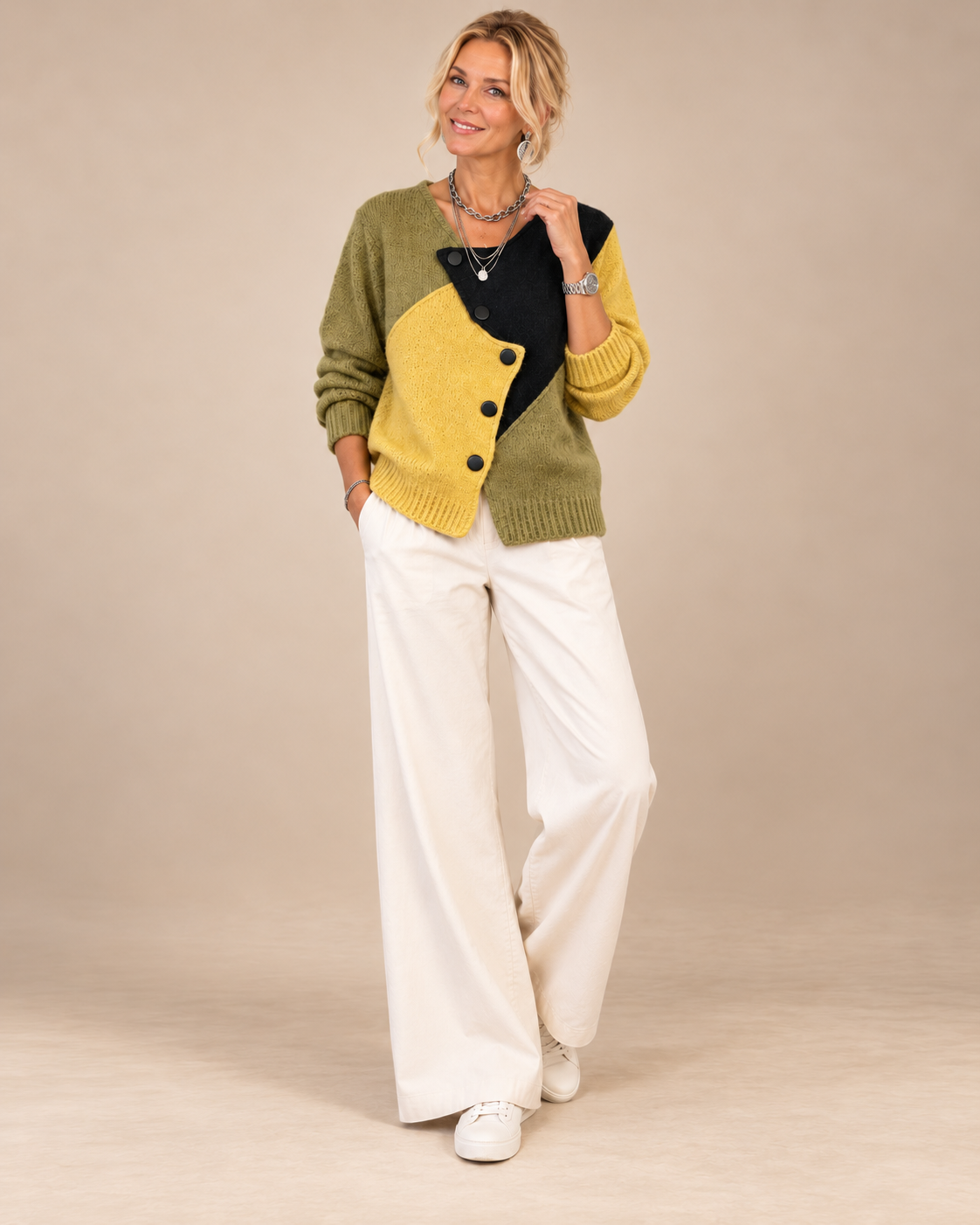 Olwen | Asymmetric Colour-Block Button Knit Cardigan