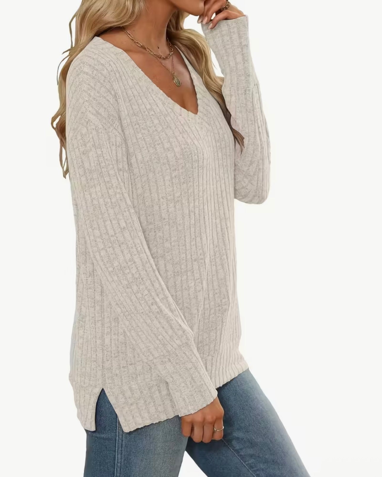 Ribbed V-Neck Sweate