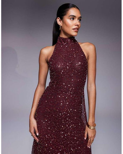Luxe Bordeaux Halter Neck Maxi