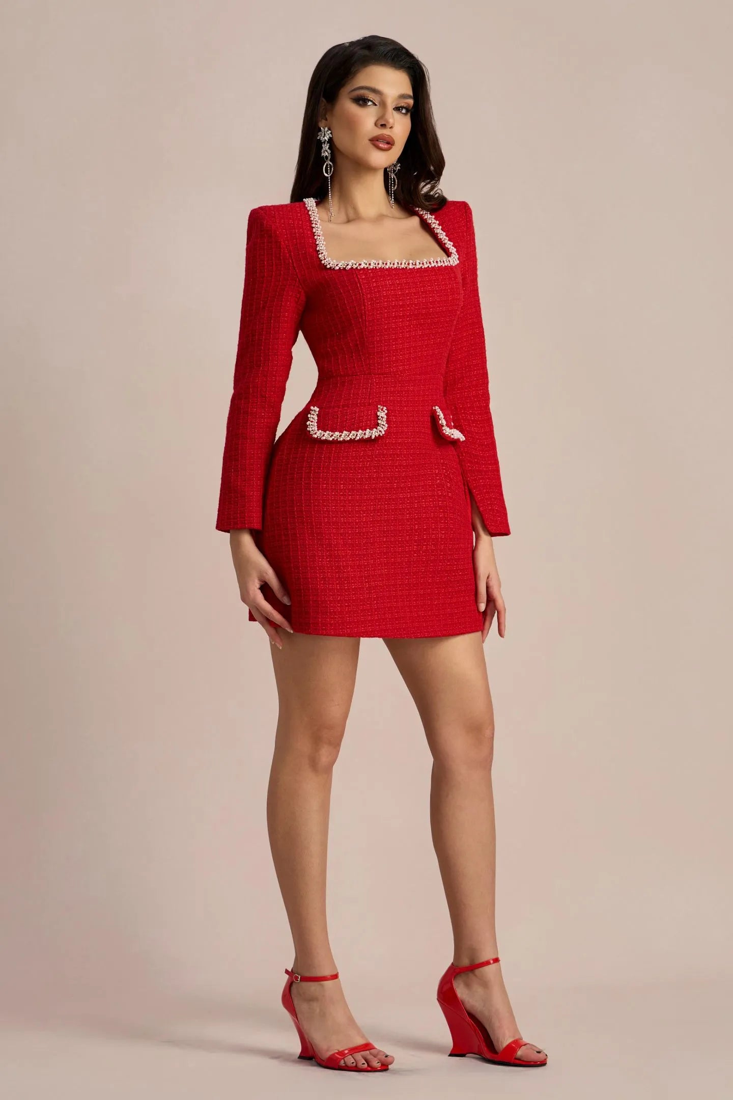 Couture Square Neck Tweed Dress