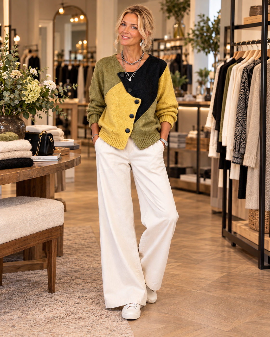 Olwen | Asymmetric Colour-Block Button Knit Cardigan