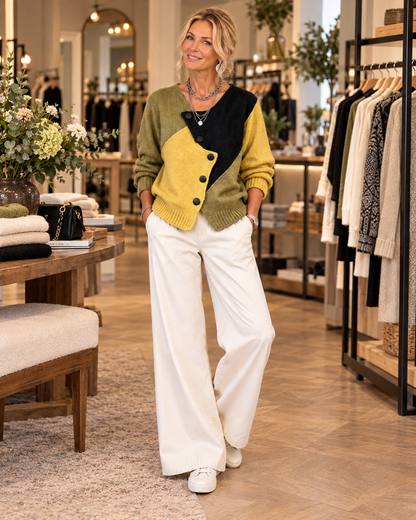 Olwen | Asymmetric Colour-Block Button Knit Cardigan