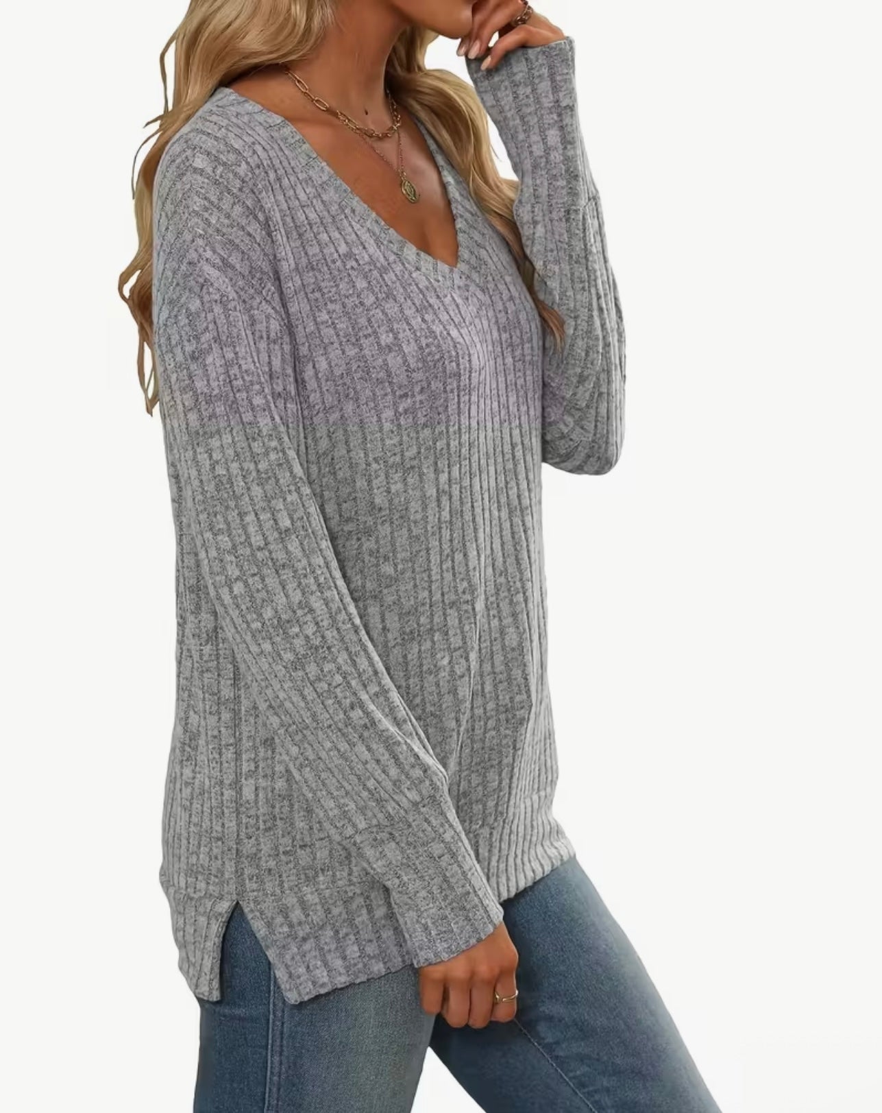 Ribbed V-Neck Sweate