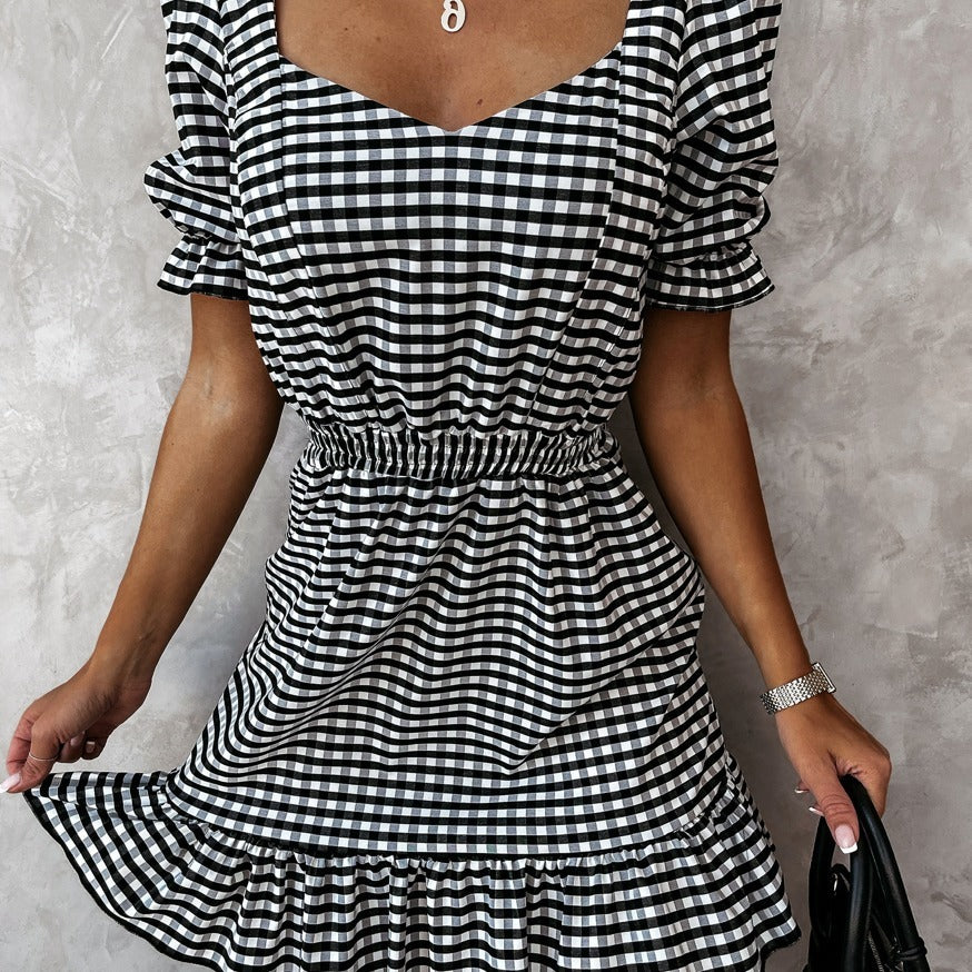 ruffled plaid print Short-Sleeved summer dress