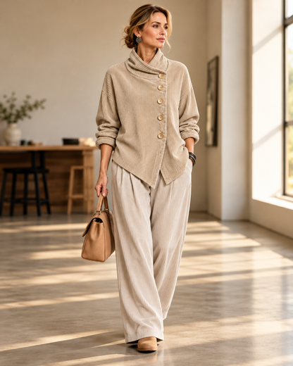 Wearbella | Funnel Collar Asymmetric Button Corduroy Top