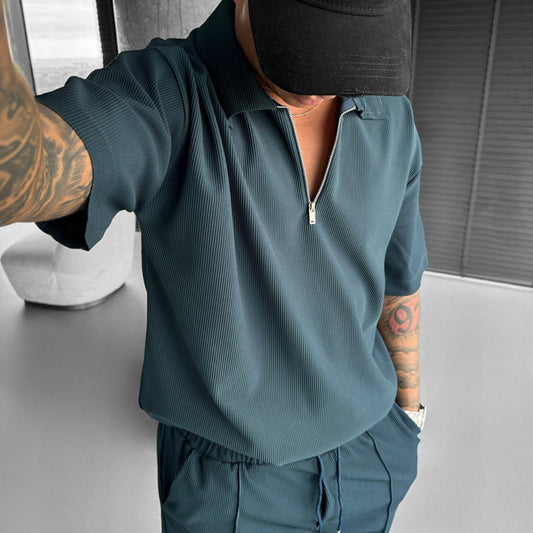 Zipper Polo and Casual Short Sleeve Men's Set