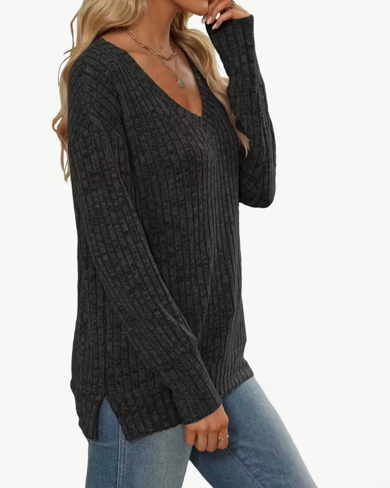 Ribbed V-Neck Sweate