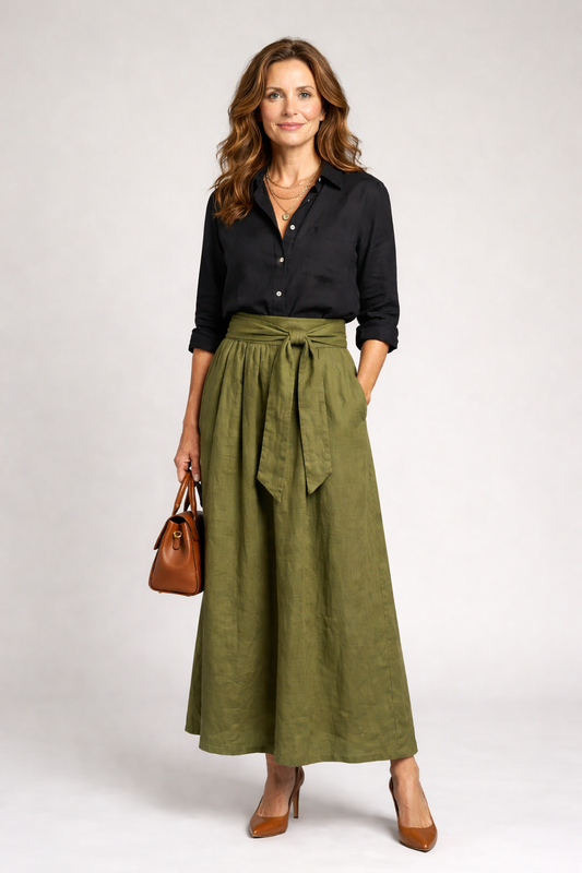 Vera | Two Piece Set Black Blouse Olive Green Midi Skirt