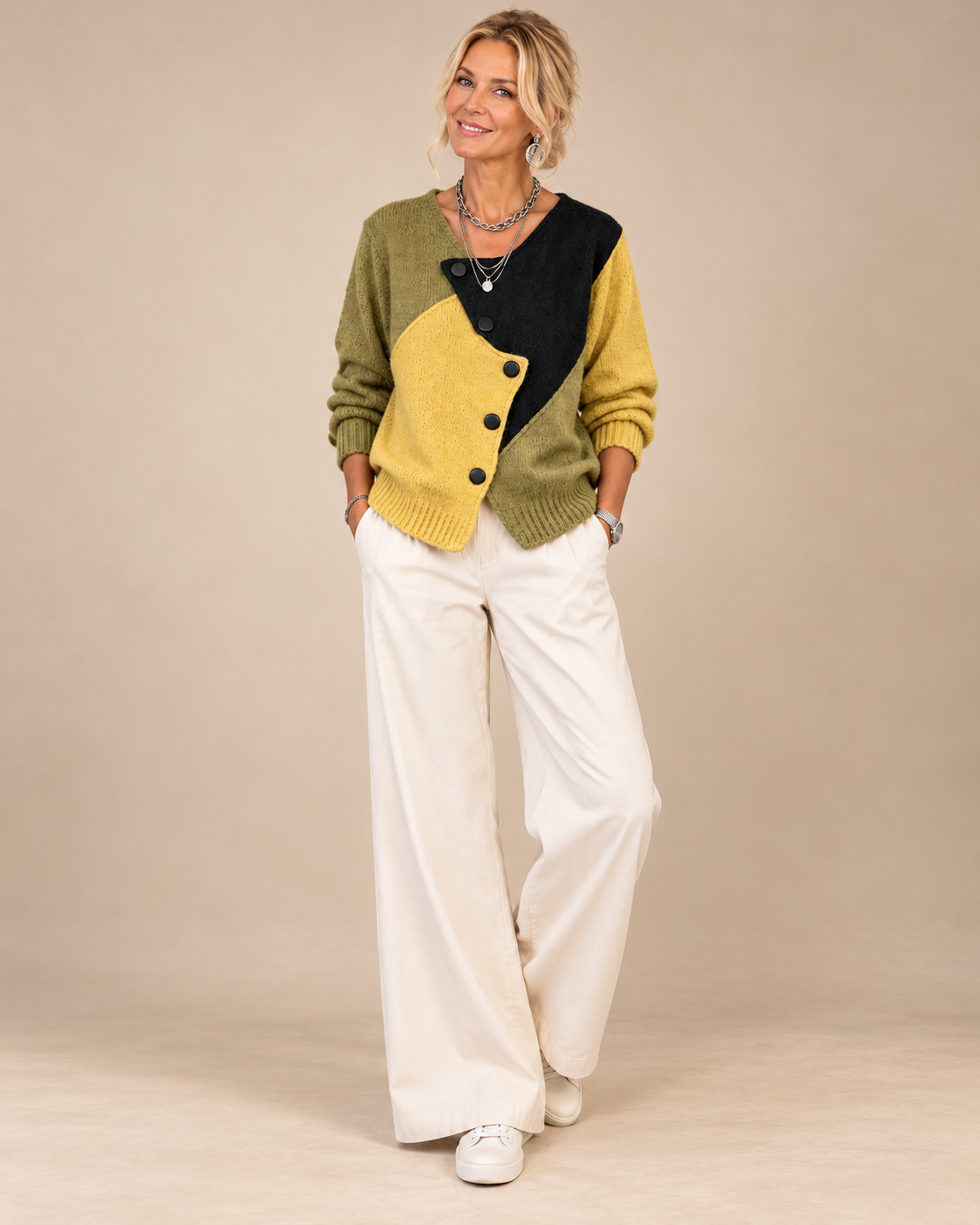 Olwen | Asymmetric Colour-Block Button Knit Cardigan