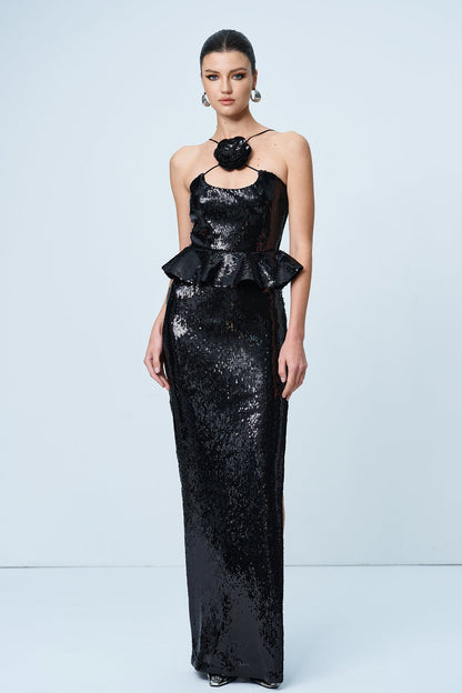 Ambar Sequin Flower Ruffle Maxi Dress
