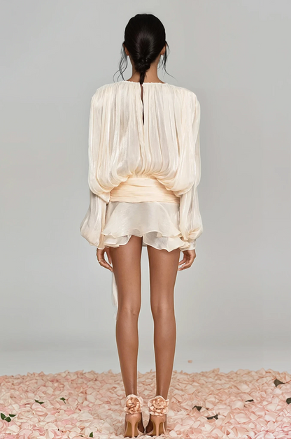 Aminah Balloon Sleeve Ruch Ruffle Mini Dress In Apricot