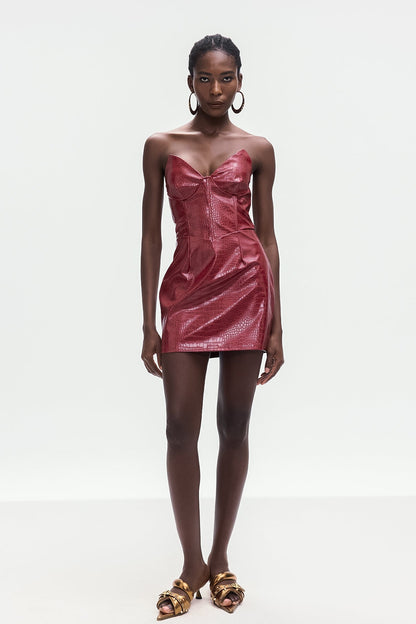 Ardin Crocodile Pattern Strapless Leather Mini Dress