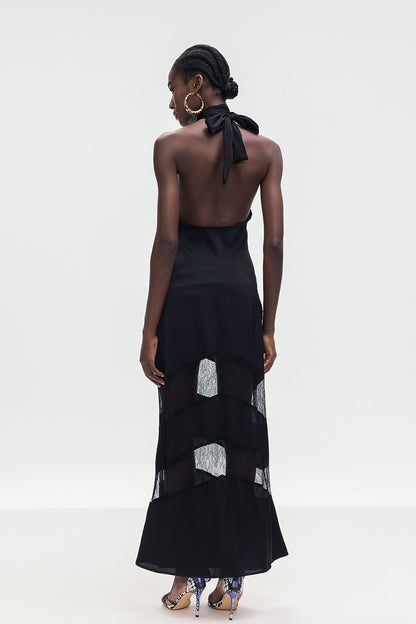 Bernal Satin Lace Cutout Floral Maxi Dress In Black