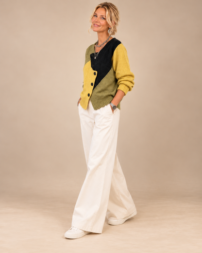Olwen | Asymmetric Colour-Block Button Knit Cardigan