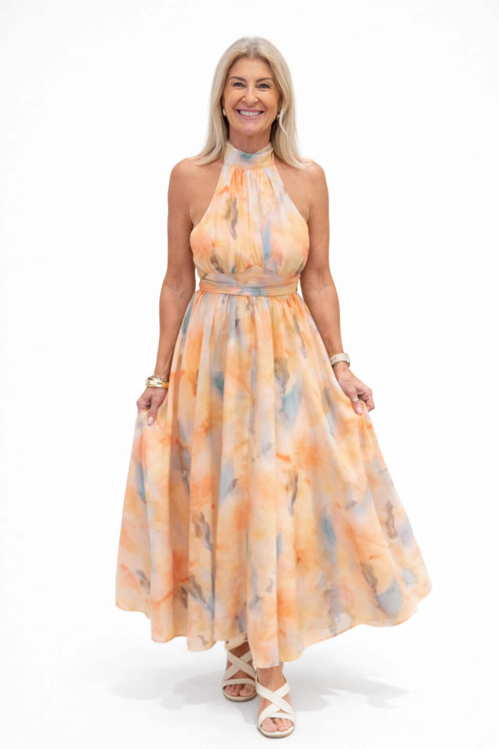 Esther Watercolour Halterneck Dress – Peach