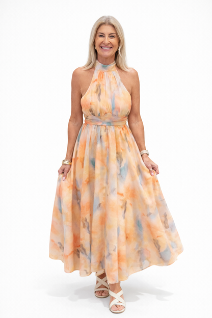 Esther Watercolour Halterneck Dress – Peach