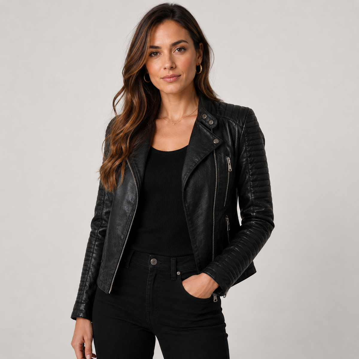 Biker Jacket Womens Leather Look Asymmetric Zip Quilted Shoulders