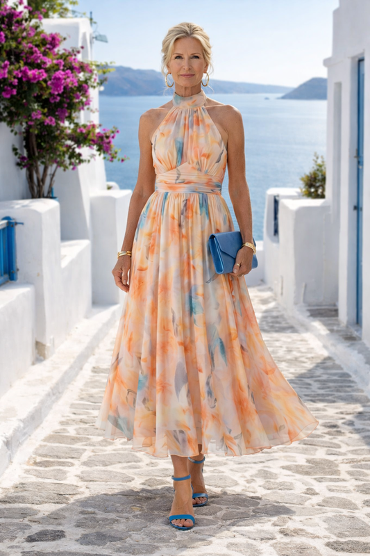 Elin | Halter Neck Soft Flowing Pleated Midi Dress