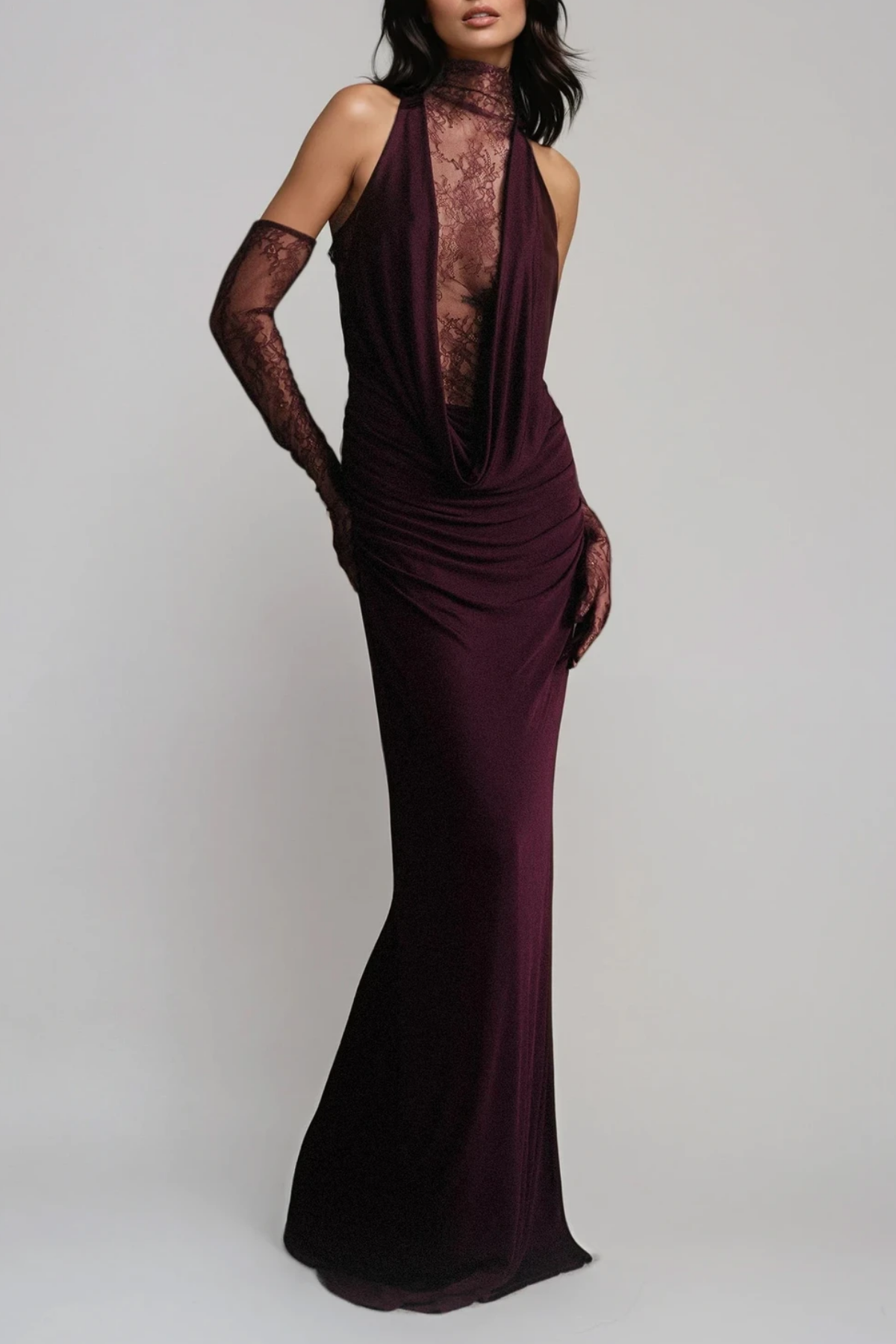 Darleen Cowl Neck Ruch Lace Maxi Dress In Purple
