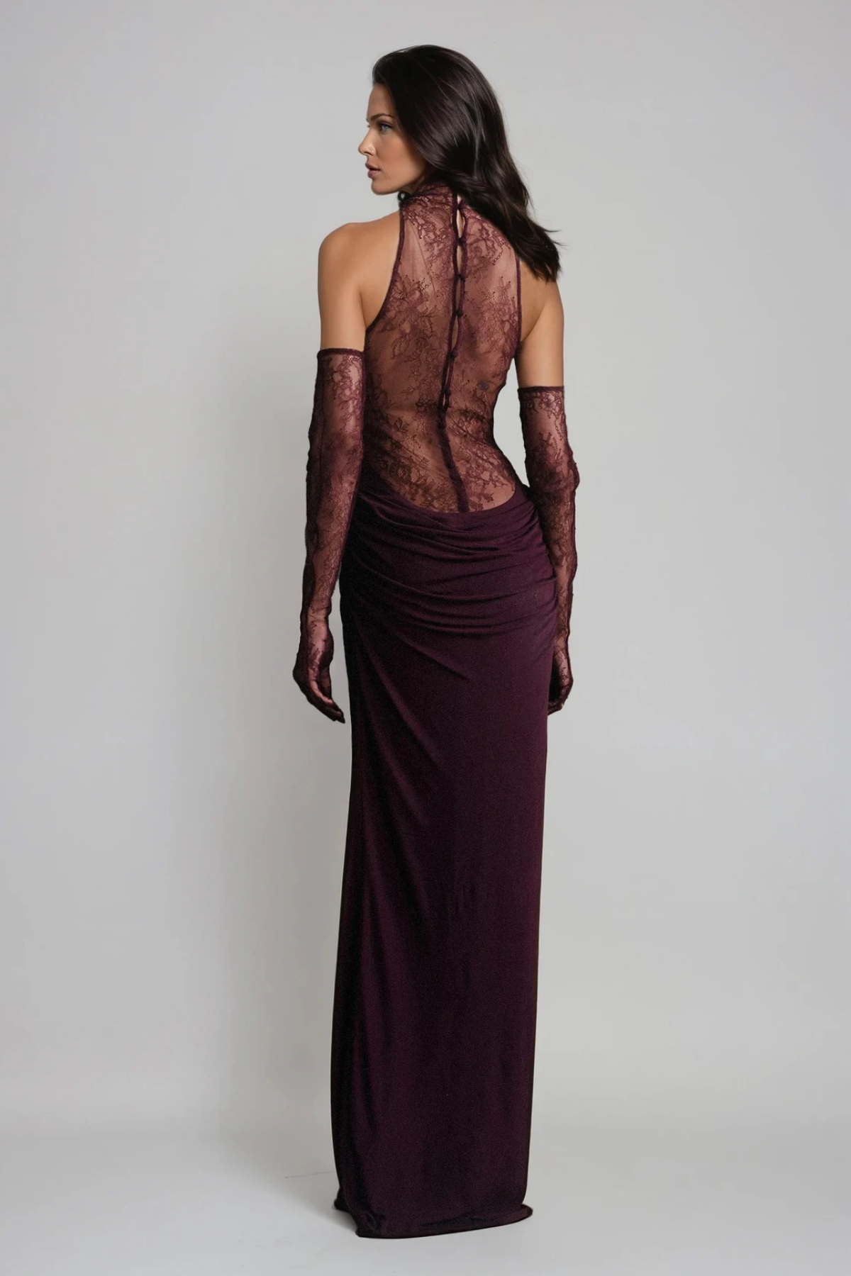 Darleen Cowl Neck Ruch Lace Maxi Dress In Purple