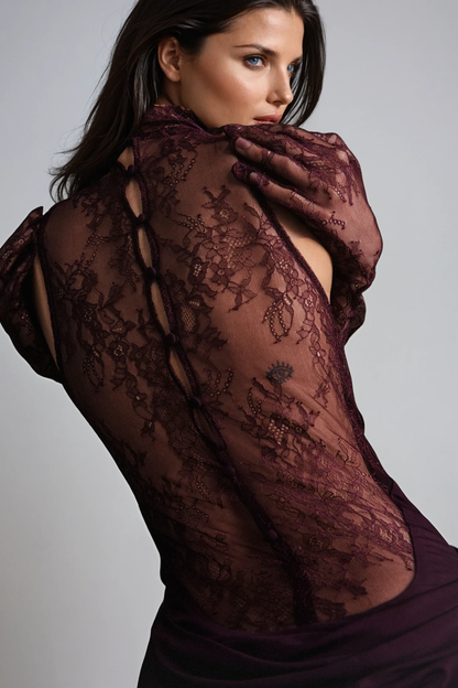 Darleen Cowl Neck Ruch Lace Maxi Dress In Purple