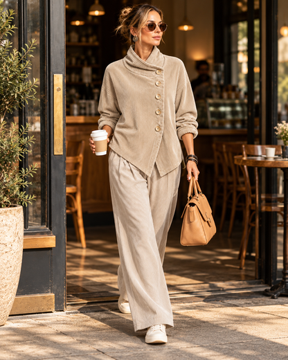 Wearbella | Funnel Collar Asymmetric Button Corduroy Top