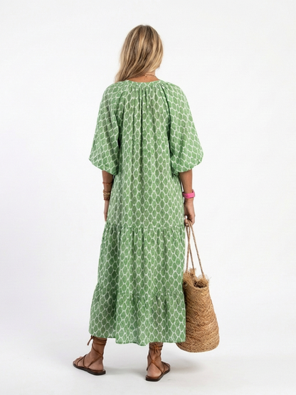 Apolline | Three Quarter Sleeve V Neck Patterned Midi Dress