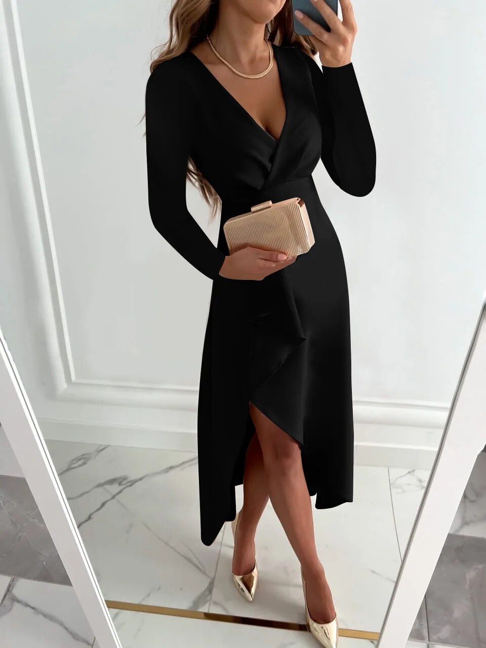 Elegant V-Neck Sheath Midi Dress with Slit Design