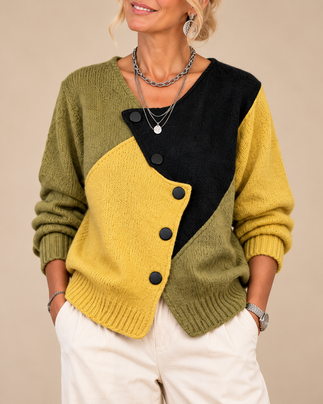 Olwen | Asymmetric Colour-Block Button Knit Cardigan