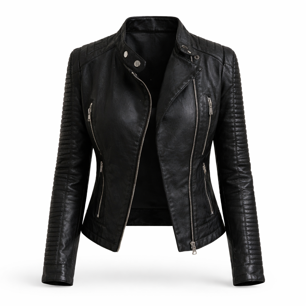 Biker Jacket Womens Leather Look Asymmetric Zip Quilted Shoulders