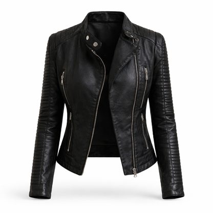 Biker Jacket Womens Leather Look Asymmetric Zip Quilted Shoulders