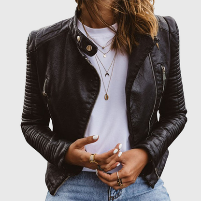 Biker Jacket Womens Leather Look Asymmetric Zip Quilted Shoulders
