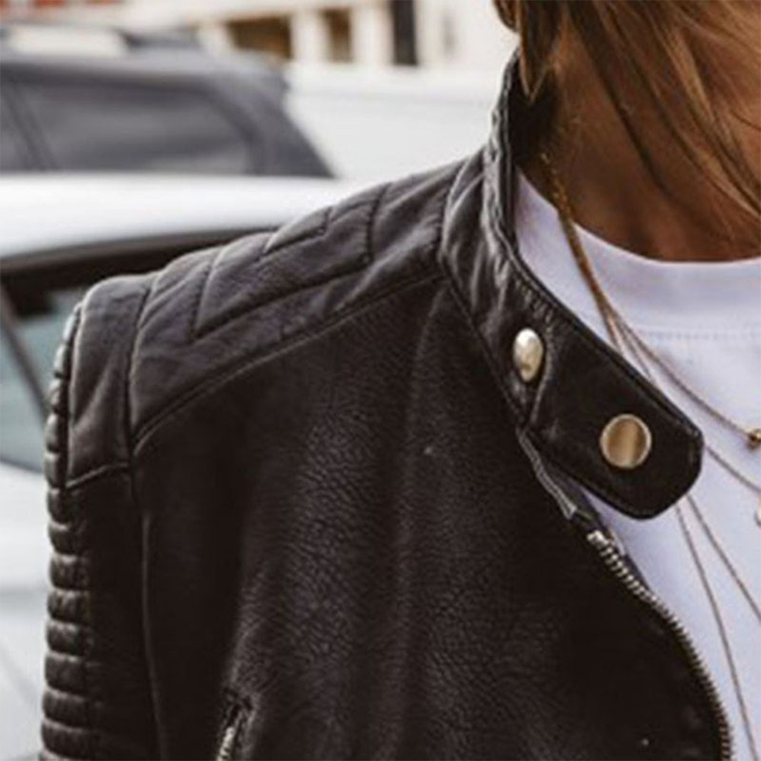 Biker Jacket Womens Leather Look Asymmetric Zip Quilted Shoulders
