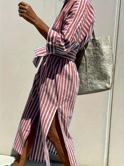 CHRISTINE | STRIPED PRINT DRESS WITH BUTTON CLOSURE AND BELT