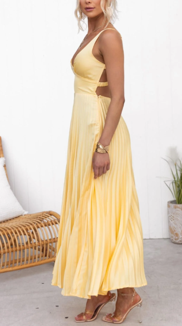 Yellow Pleated V-Neck Maxi Dress